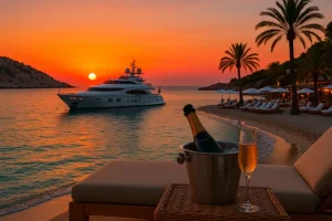 Luxury private yacht anchored off the coast of Ibiza at sunset, symbolizing an exclusive Luxury Experiences Ibiza 2025