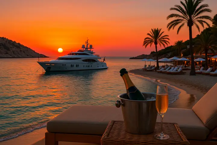Luxury private yacht anchored off the coast of Ibiza at sunset, symbolizing an exclusive Luxury Experiences Ibiza 2025